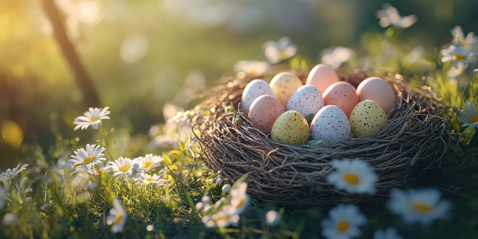 Colorful eggs in a nest surrounded by daisies on a sunny spring afternoon